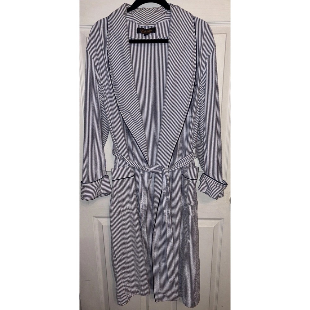 Brooks Brothers Robe Men's M Blue White Seersucker Striped Belted Preppy Classic